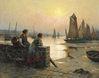 Georges Maroniez (1865-1933) - En attendant le retour de la flotte de pêche, Reproduction de peinture à l’huile de qualité muséale (D5060)