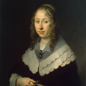 May include: A portrait painting of a woman with long, curly brown hair wearing a white lace collar and a dark dress. She is holding a fan in her right hand and has a serious expression on her face.