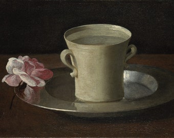 Francisco de Zurbaran - Tasse Wasser und eine Rose auf einer Silberplatte (ca. 1630) - Ölgemälde Museum Qualitäts reproduktion (D4060)