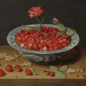 Jacob van Hulsdonck - Wild Strawberries and a Carnation in a Wan-Li Bowl ca. 1620 Museum Quality Rolled Oil Painting Reproduction (D4560)