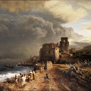 Oswald Achenbach (1827-1905) - Shaded Seaside Landscape with Figures, Museum Quality Rolled Oil Painting Reproduction (D4060)
