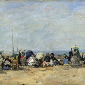 Eugene Boudin - Beach Scene, Trouville c1860-70 Museum Quality Rolled Oil Painting Reproduction (D3060)