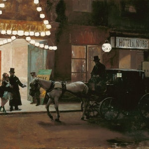 May include: A nighttime scene with a horse-drawn carriage in front of a building with a sign that reads "Hotel du Nord". People are gathered in front of the building, some wearing costumes.