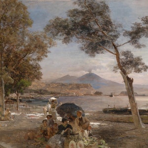 Oswald Achenbach - Evening at the Gulf of Naples 1888 Museum Quality Rolled Oil Painting Reproduction (D5060)