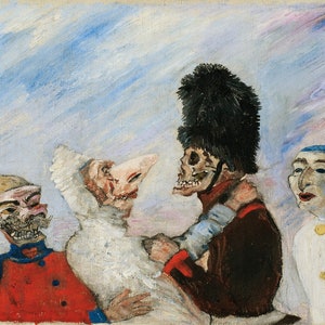 James Ensor - Squelette Arrêtant Masques (Skeleton Stopping the Masks) 1891 Museum Quality Rolled Oil Painting Reproduction (D3560)