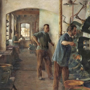 Marie Augustin Zwiller (1850-1939) - Behangwerkplaats in de Elzas, reproductie van olieverfschilderijen van museumkwaliteit (D5060)
