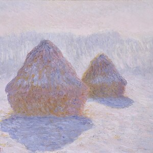 May include: Two large haystacks in a snowy field, painted in a hazy, impressionistic style with soft, muted colors of pale blue, white, and pink.