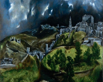 El Greco, Vue de Tolède 1596-1600, Musée peint à la main Reproduction de peinture à l’huile de qualité (D6050)