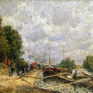 Alfred Sisley - Barges in Billancourt 1877 Museum Quality Rolled Oil Painting Reproduction (D5060)