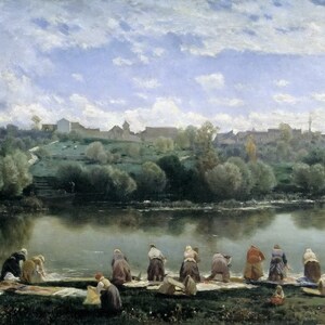 Martín Rico y Ortega - Washerwoman at the Varenne River Ca.1865 Museum Quality Rolled Oil Painting Reproduction (D3060)