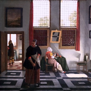 Pieter Janssens Elinga (1623-1682) - Uma mulher lendo uma carta e uma mulher varrendo, reprodução de pintura a óleo em rolo de qualidade de museu (D5060)
