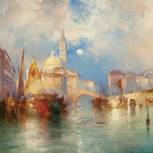 Thomas Moran - Moonrise, Chioggia, Venice (1897) Hand Painted Museum Quality Rolled Oil Painting Reproduction (D6050)
