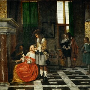 Pieter de Hooch - Kartenspieler in einem prächtigen Interieur um 1665 Reproduktion eines gerollten Ölgemäldes (D5060)
