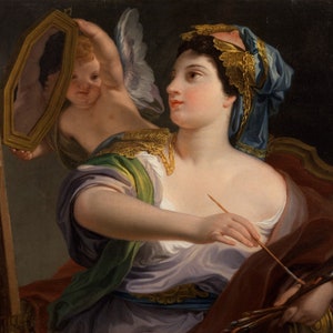 May include: An oil painting depicts a woman with a blue headscarf and a gold-trimmed green and white dress, holding a paintbrush and palette. A cherub with wings holds a mirror. The artwork has a classical theme.