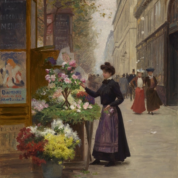 Victor Gabriel Gilbert (1847-1935) - Fleuriste sur le Grand Boulevard, Paris, Musée Peint à la Main Reproduction De Peinture à l’Huile de Qualité (D6050)