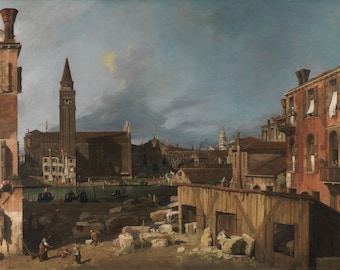 May include: A painting depicting a cityscape with a canal in the foreground. The scene is dominated by a large building with a tall tower, and there are several other buildings in the background. The canal is lined with boats, and there are people walking along the edge of the water. The painting is done in a realistic style, with a focus on detail.