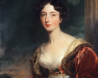 May include: A portrait painting of a woman with dark hair, wearing a white dress with a fur trim and a red velvet shawl. The background is a dark blue with a hint of a landscape in the distance.