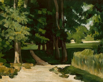 May include: A painting of a path leading through a grove of trees. The trees are painted in shades of green and brown, and the path is a light brown color. The background is a field of green grass.