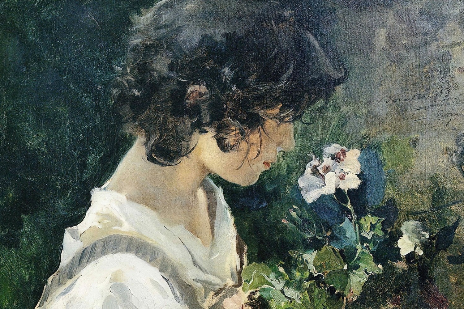 ホアキン・ソローリャ - 花を持つイタリアの少女 (1886) 美術館品質の