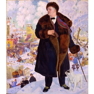 May include: A man in a dark blue coat with a fur collar and a brown fur scarf stands in a snowy scene. He is holding a cane and a white dog is sitting beside him. The background shows a bustling winter market with people and stalls.