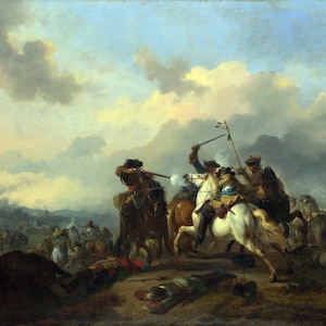 Puede incluir: Una pintura que representa una escena de batalla con soldados a caballo. Los soldados están disparando mosquetes y espadas, y hay soldados caídos en el suelo. La escena se desarrolla en un cielo nublado.