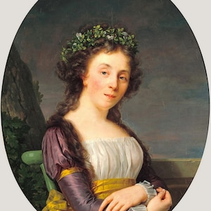 May include: A portrait painting of a woman wearing a white dress with a yellow sash and a purple jacket. She is wearing a wreath of green leaves and white flowers on her head. The background is a dark gray with a hint of blue.