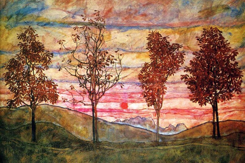 Egon Schiele, Four Trees 1917, Museum Quality Oil Painting Reproduction D4060 image 1