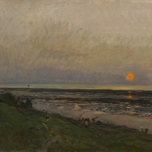 May include: A painting depicting a seascape at sunset. The sky is a pale orange and pink, with wispy clouds. The sun is setting over the horizon, casting a warm glow on the water. The water is a dark blue, with a few small waves. In the foreground, there is a grassy shore with a few figures walking along the beach.