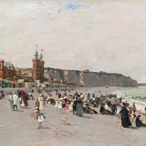 Luigi Loir (1845 - 1916) -  View of the Beach and Casino at Dieppe, Museum Quality Rolled Oil Painting Reproduction (D4060)