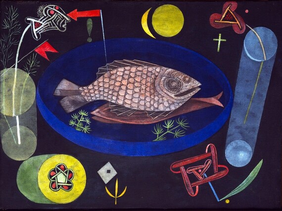 パウル・クレー、【魚のまわりで】、希少画集画、新品高級額・額装付 パウル・クレー - 魚の周り 1926年 美術館品質のロール油絵複製 (D4560