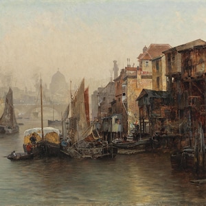 Jacques Matthias Schenker - View of the Thames (1885) Museum Quality Rolled Oil Painting Reproduction (D4060)