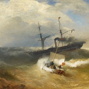 Andreas Achenbach - Steam Ship and Sailing Boat in Rough Seas (1890) Museum Quality Rolled Oil Painting Reproduction (D4560)