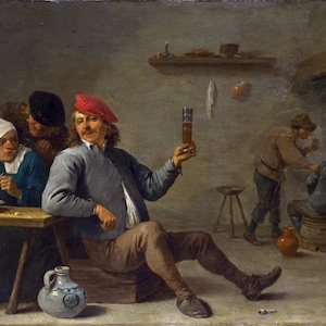 David Teniers the Younger - A Man Holding a Glass, an Old Woman Lighting a Pipe - Rolled Oil Painting Museum Quality Reproduction (D4060)