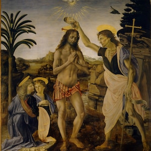 Leonardo Da Vinci The Baptism of Christ Rolled Oil Painting Museum Quality Reproduction (D6050)