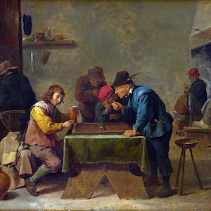 May include: A painting depicting a group of men playing a game of checkers in a dimly lit tavern. The men are dressed in simple clothing and are seated around a wooden table with a green tablecloth. One man is holding a beer mug, while another is reaching for a checker piece. The scene is filled with a sense of camaraderie and good humor.