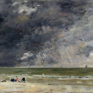 Eugene Boudin - Beach at Trouville 1890s Museum Quality Rolled Oil Painting Reproduction (D3560)