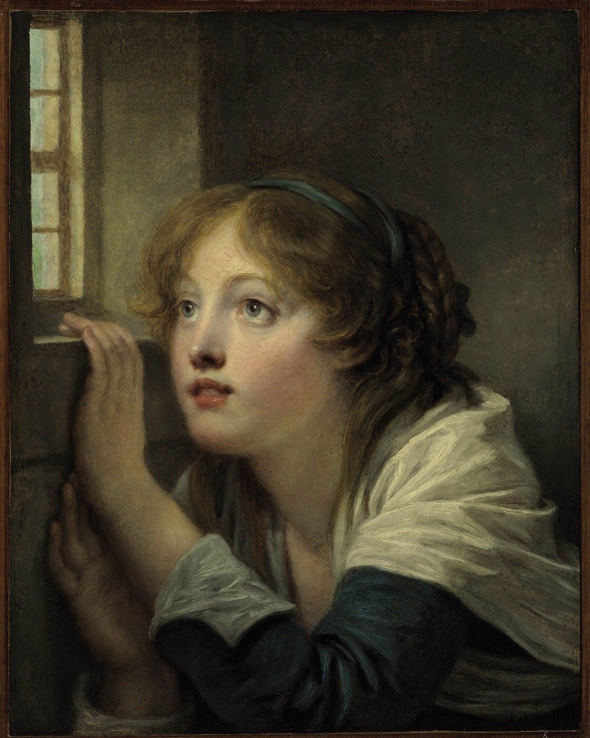 ジャン＝バティスト・グルーズ（1725-1805） - 窓辺の少女、手描き