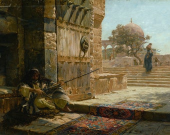 Gustav Bauernfeind - Sentinel at the Entrance to the Temple Mount, Jerusalem 1883 Museum Quality Oil Painting Reproduction (D4560)