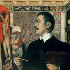 Franz Von Stuck - Autorretrato no Estúdio 1905 Pintura a Óleo Rolada de Qualidade de Museu Pintada à Mão Reprodução (D50)