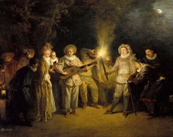 Antoine Watteau - The Italian Comedy c1717 Museum Quality Oil Painting Reproduction (D4560)