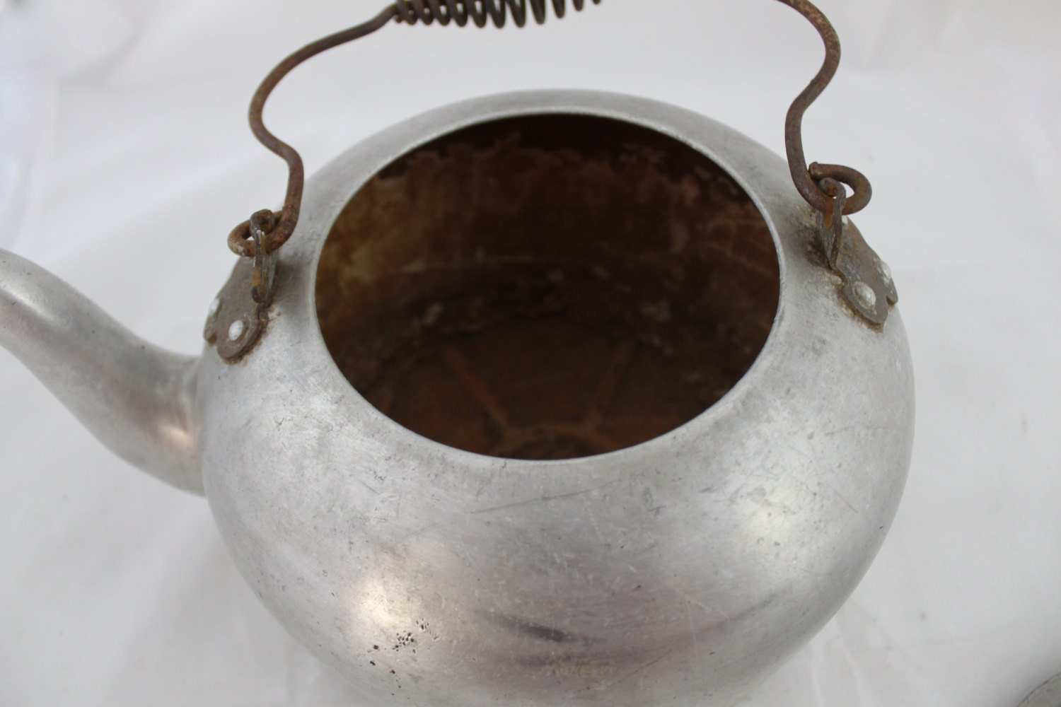 Vintage Large Aluminum Tea Kettle with Metal Coiled Handle By Etsy