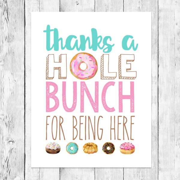 Thanks a Hole Bunch/ Doughnut Party Pun Word Art Printable/ First Birthday Celebration/ Pink Turquoise/ Chocolate Vanilla Sprinkles