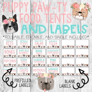 Dog Pawty Food Tent Labels/ PINK Puppy Paw Party Printable Signs/ Birthday Celebration/ First Event Decorations/ Pug Pet Poster/ Dog Decor