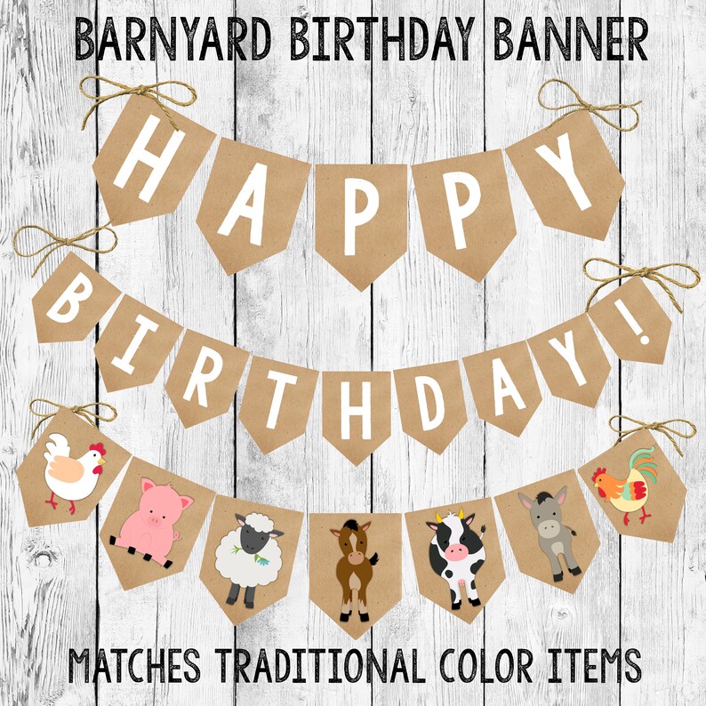 Birthday Banner Printable Barnyard Animal Bunting Event Decor Party Hanging Sign Cow Horse Pig Sheep Rooster Traditional Colors