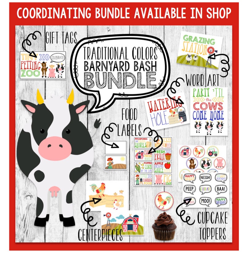 Birthday Banner Printable Barnyard Animal Bunting Event Decor Party Hanging Sign Cow Horse Pig Sheep Rooster Traditional Colors