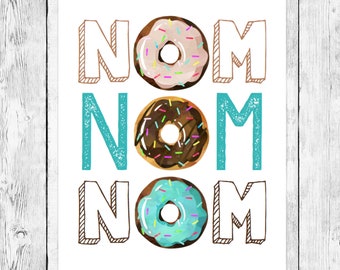Nom Nom Nom/ Donut Party Word Art Printable/ Boy First Birthday Doughnut Celebration/ Blue Turquoise/ Chocolate Vanilla Sprinkle/ Food Table