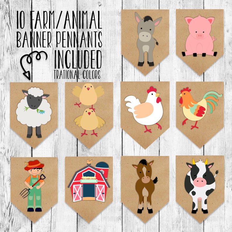 Birthday Banner Printable Barnyard Animal Bunting Event Decor Party Hanging Sign Cow Horse Pig Sheep Rooster Traditional Colors