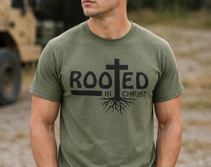 Rooted in Christ Mens Christian Shirt, Colossians 2:7 Bible Verse Tee, Faith Shirt for Him, Christian Husband Gift, Discipleship Tee