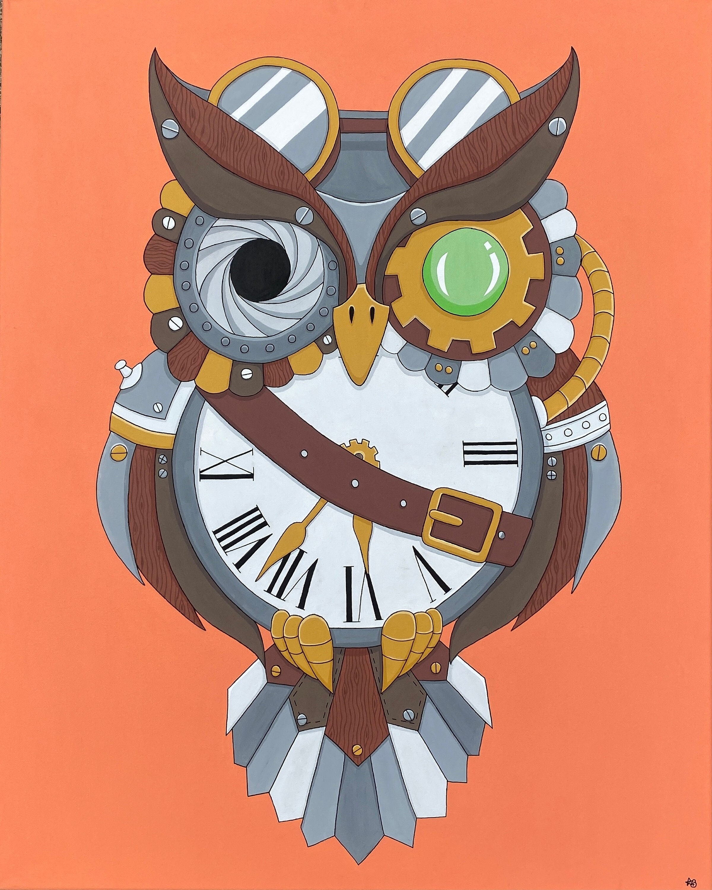 Steampunk Owl Painting, Acrylic Painting, 61x76cm, Original Art, Owl Lover Gift, Affordable Art, Cer