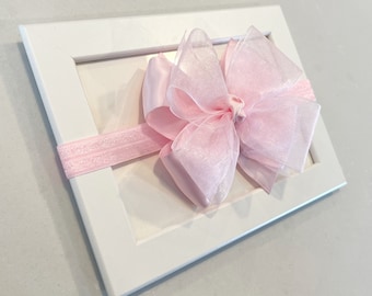 Light pink 4” double layer bow on light pink headband, satin and sheer ribbon